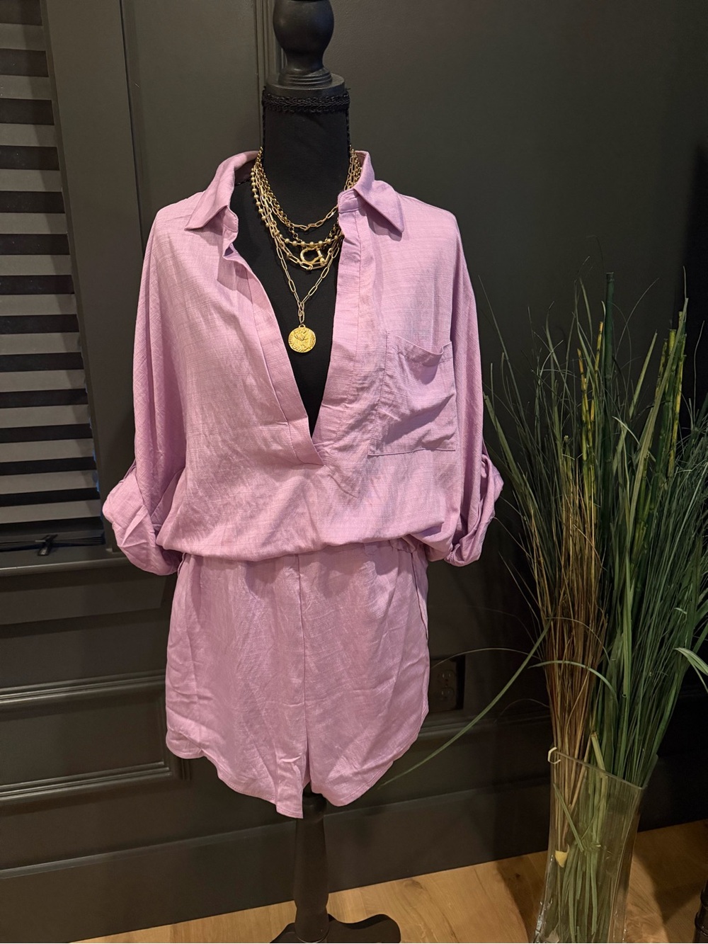 Light Purple Women's Button-Front Casual Short Set